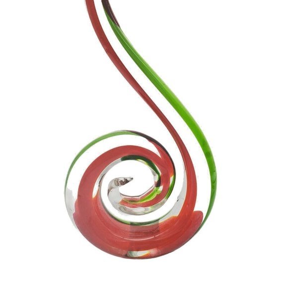 Swirl Art Glass Hand Blown Red Green Spirt Etched Sculpture Form Modern Holiday - Picture 3 of 7